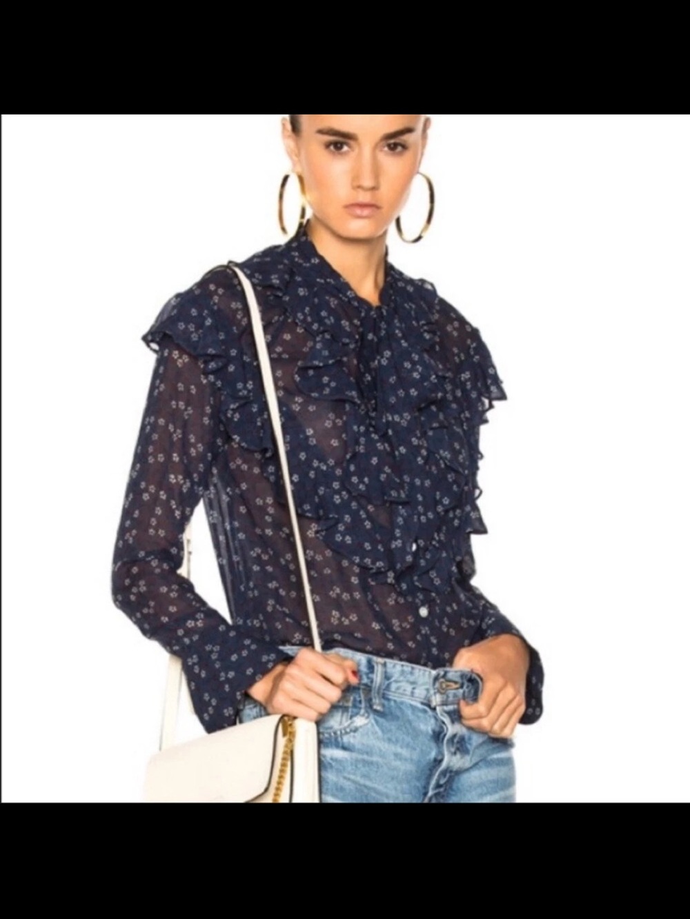 VERONICA BEARD SILK FINLEY
RUFFLED TIE-NECK FLORAL PRINTED BLOUSE IN NAVY Size 2